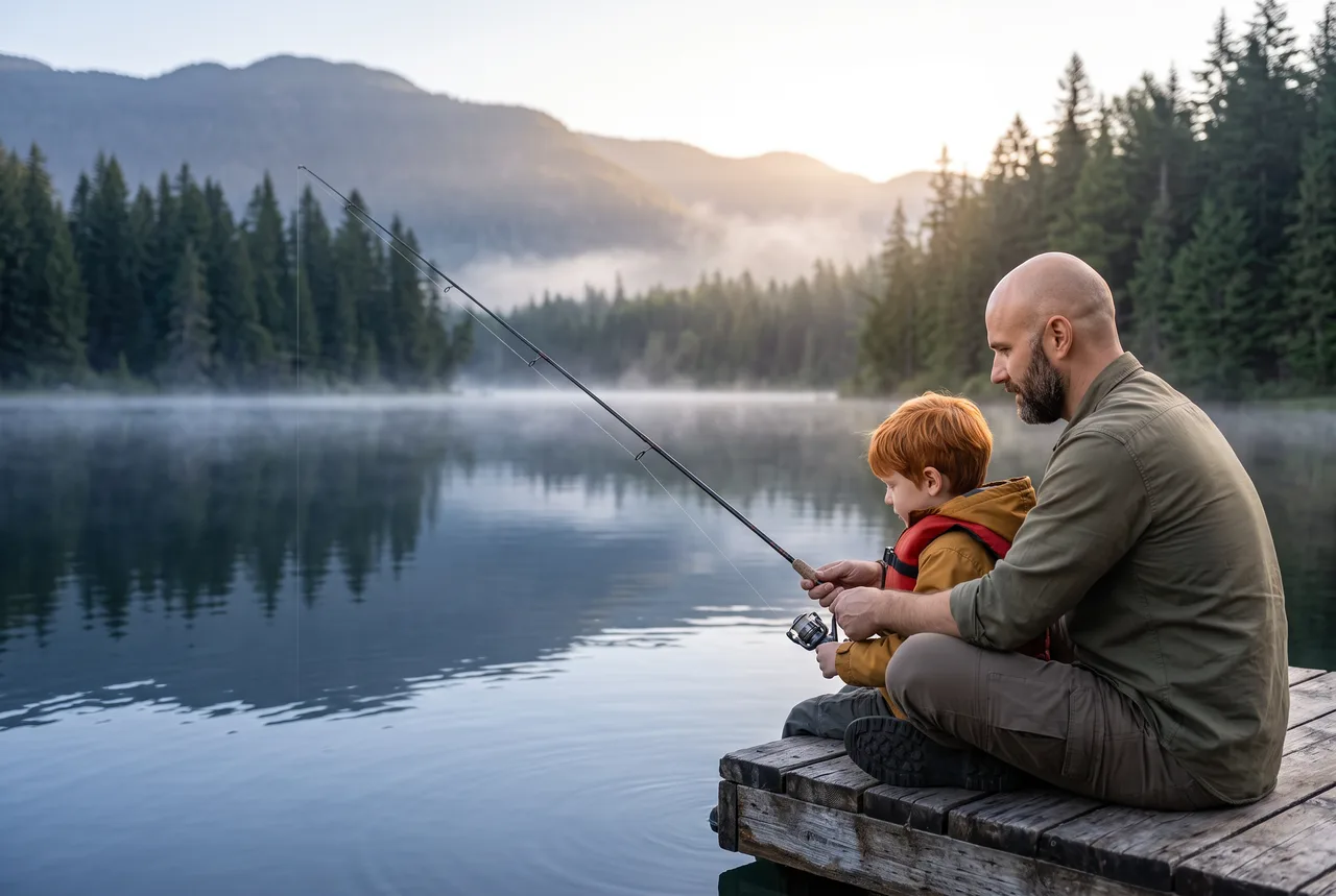 A father helping his red-haired son fish from a wooden dock beside a misty mountain lake at dawn.